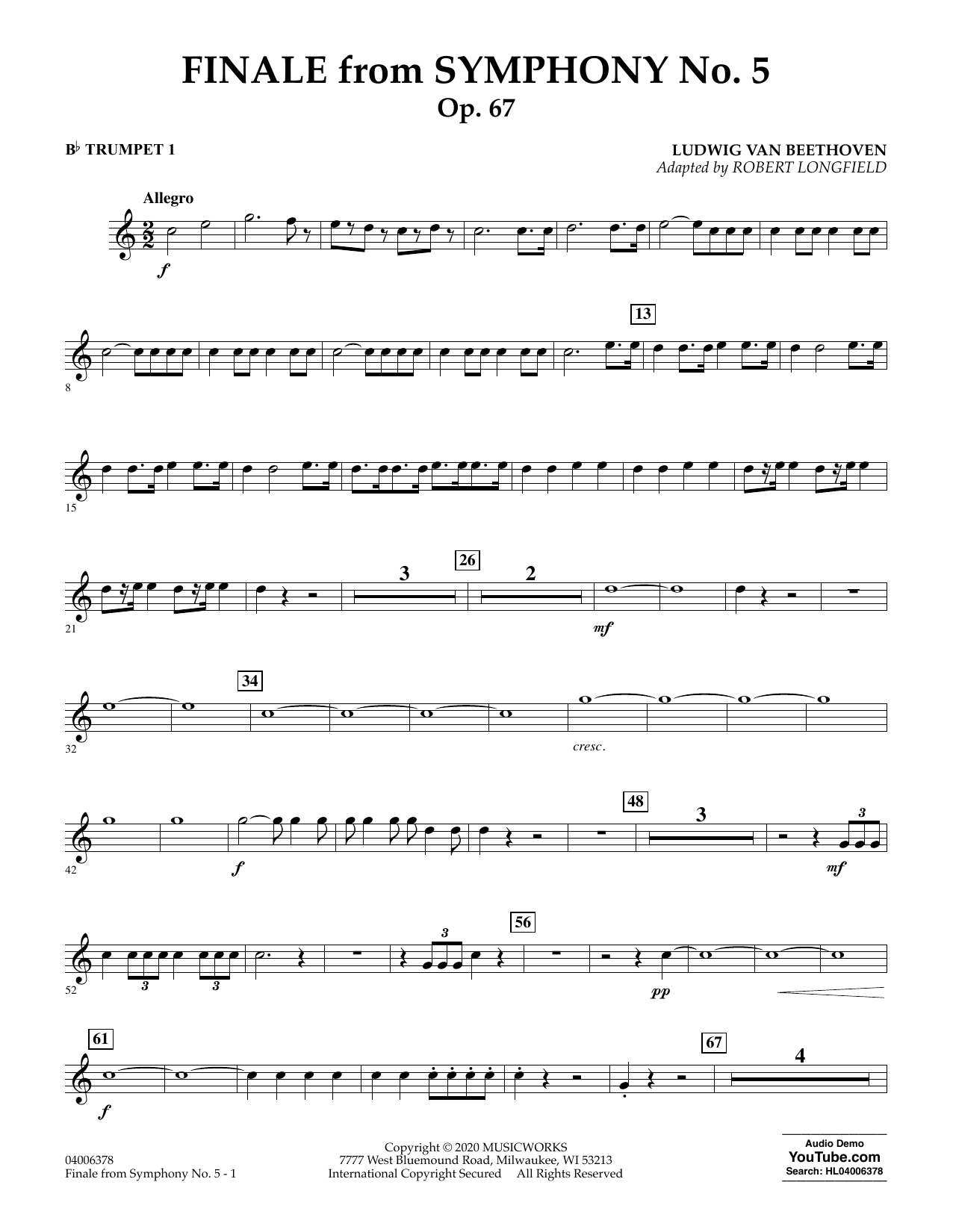 Ludwig van Beethoven Finale from Symphony No. 5 (arr. Robert Longfield) - Bb Trumpet 1 sheet music preview music notes and score for Concert Band including 3 page(s)