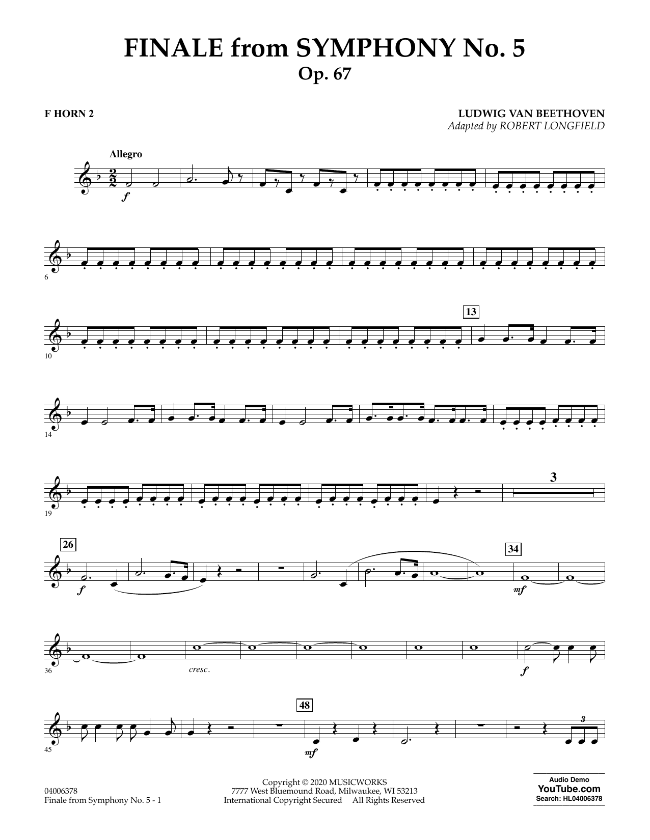 Ludwig van Beethoven Finale from Symphony No. 5 (arr. Robert Longfield) - F Horn 2 sheet music preview music notes and score for Concert Band including 3 page(s)
