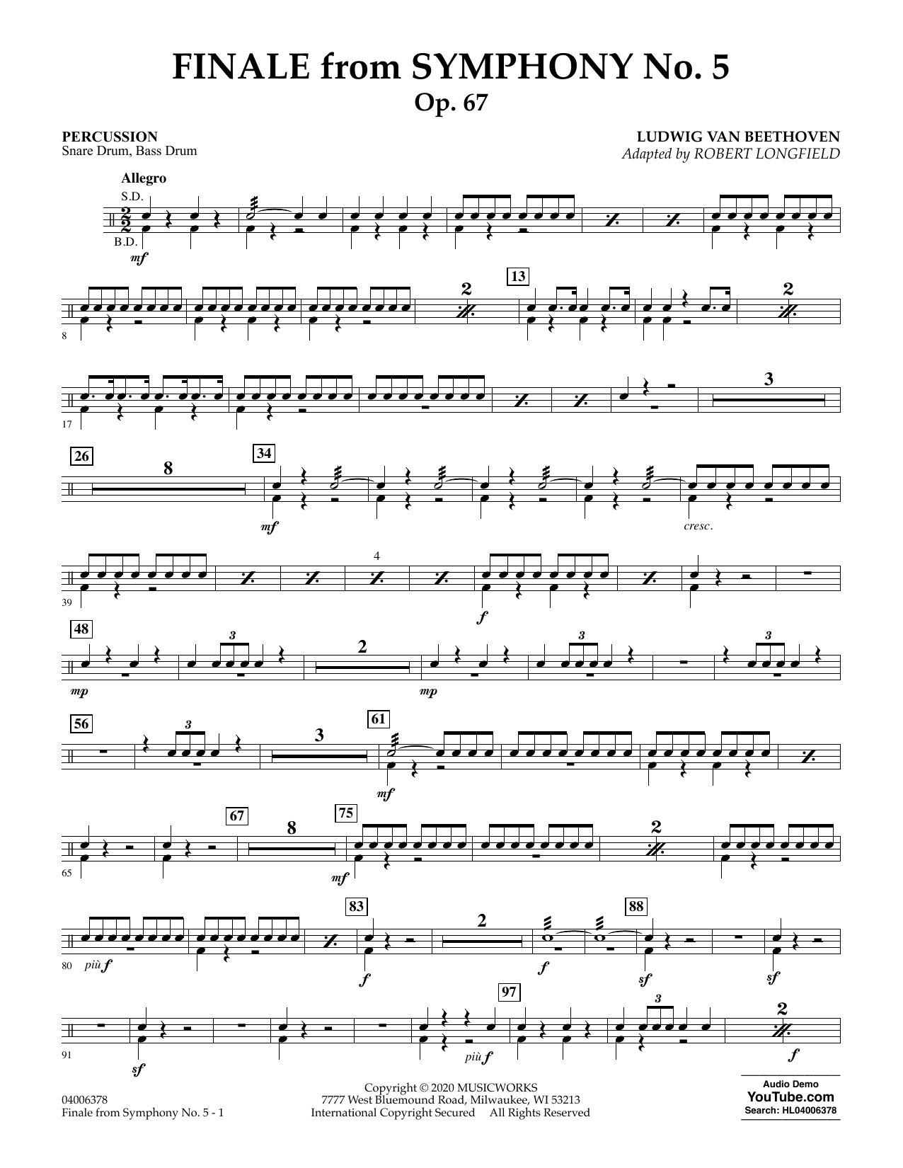 Ludwig van Beethoven Finale from Symphony No. 5 (arr. Robert Longfield) - Percussion sheet music preview music notes and score for Concert Band including 2 page(s)