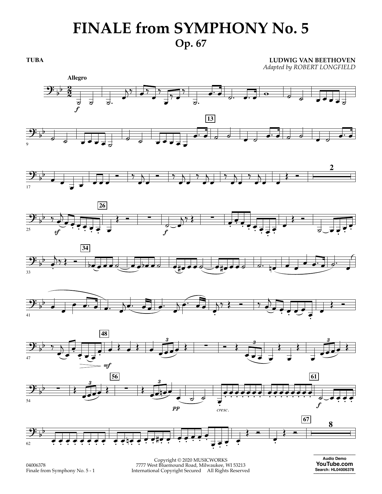 Ludwig van Beethoven Finale from Symphony No. 5 (arr. Robert Longfield) - Tuba sheet music preview music notes and score for Concert Band including 3 page(s)