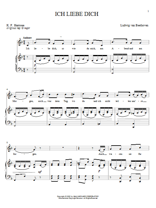 Learn to play Ludwig van Beethoven Ich Liebe Dich (I Love You) sheet music for Piano, Vocal & Guitar (Right-Hand Melody) in minutes. Ludwig van Beethoven Ich Liebe Dich (I Love You) sheet music preview music notes and score for Piano, Vocal & Guitar (Right-Hand Melody) including 3 page(s)
