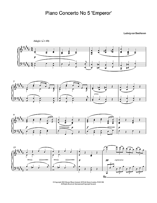 Learn to play Ludwig van Beethoven Piano Concerto No.5 (Emperor), E Flat Major, Op.73, Theme from the 2nd Movement sheet music for Piano in minutes. Ludwig van Beethoven Piano Concerto No.5 (Emperor), E Flat Major, Op.73, Theme from the 2nd Movement sheet music notes and chords