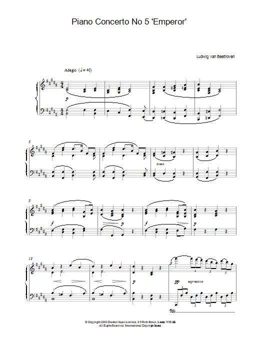 Learn to play Ludwig van Beethoven Piano Concerto No.5 (Emperor), E Flat Major, Op.73, Theme from the 2nd Movement sheet music for Piano in minutes. Ludwig van Beethoven Piano Concerto No.5 (Emperor), E Flat Major, Op.73, Theme from the 2nd Movement sheet music preview music notes and score for Piano including 4 page(s)