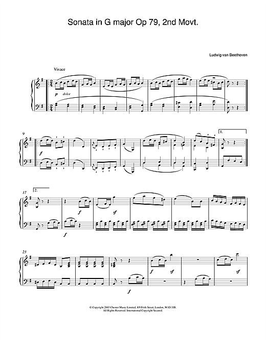 Learn to play Ludwig van Beethoven Sonata in G major Op. 79, 2nd Movement sheet music for Piano in minutes. Ludwig van Beethoven Sonata in G major Op. 79, 2nd Movement sheet music notes and chords