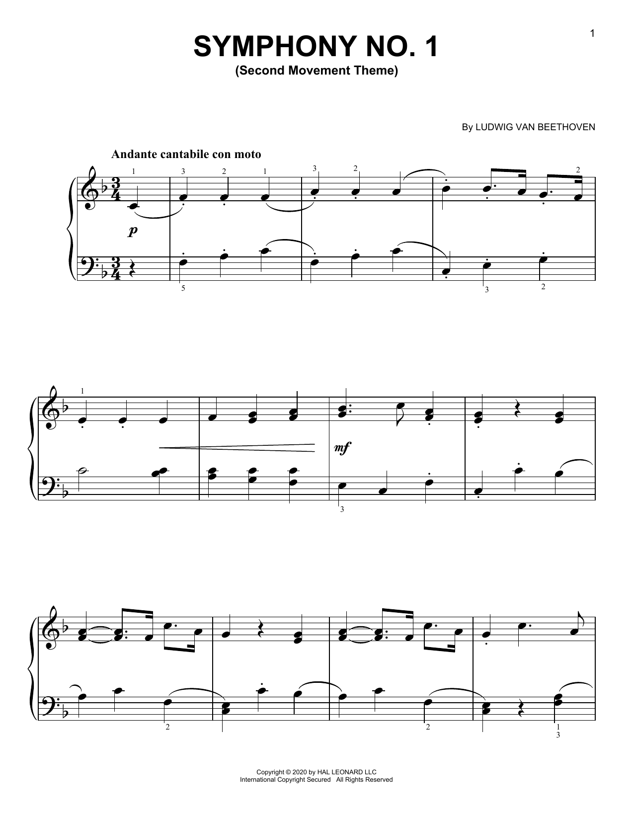 Learn to play Ludwig van Beethoven Symphony No. 1, Andante, Second Movement sheet music for Easy Piano in minutes. Ludwig van Beethoven Symphony No. 1, Andante, Second Movement sheet music preview music notes and score for Easy Piano including 3 page(s)