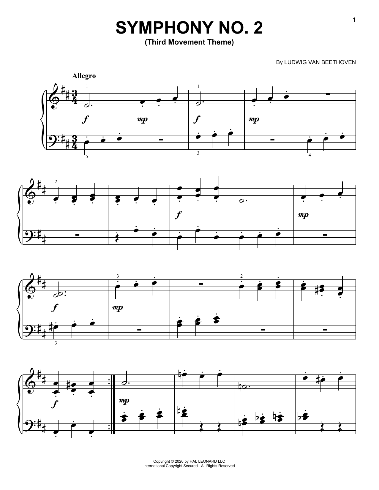 Ludwig van Beethoven Symphony No. 2, Third Movement Excerpt sheet music preview music notes and score for Easy Piano including 3 page(s)