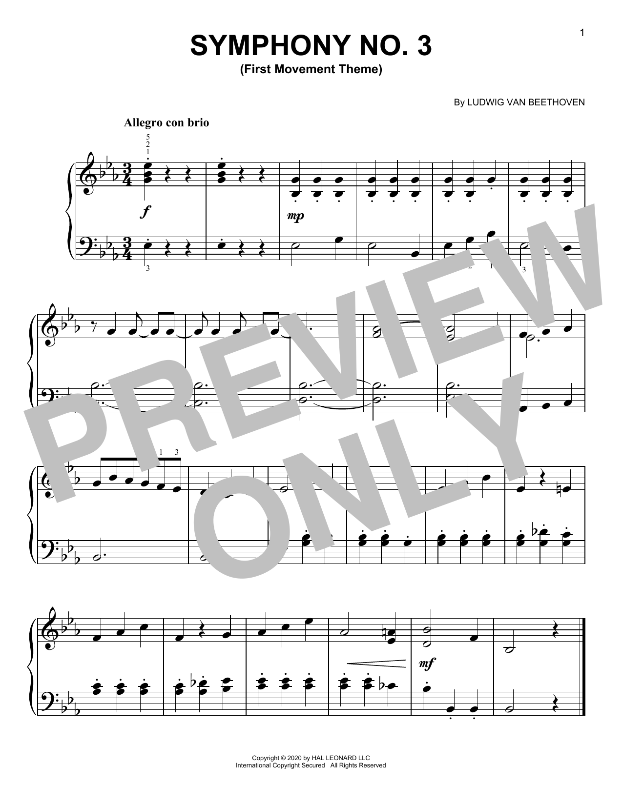 Ludwig van Beethoven Symphony No. 3 (First Movement Theme) sheet music preview music notes and score for Easy Piano including 1 page(s)