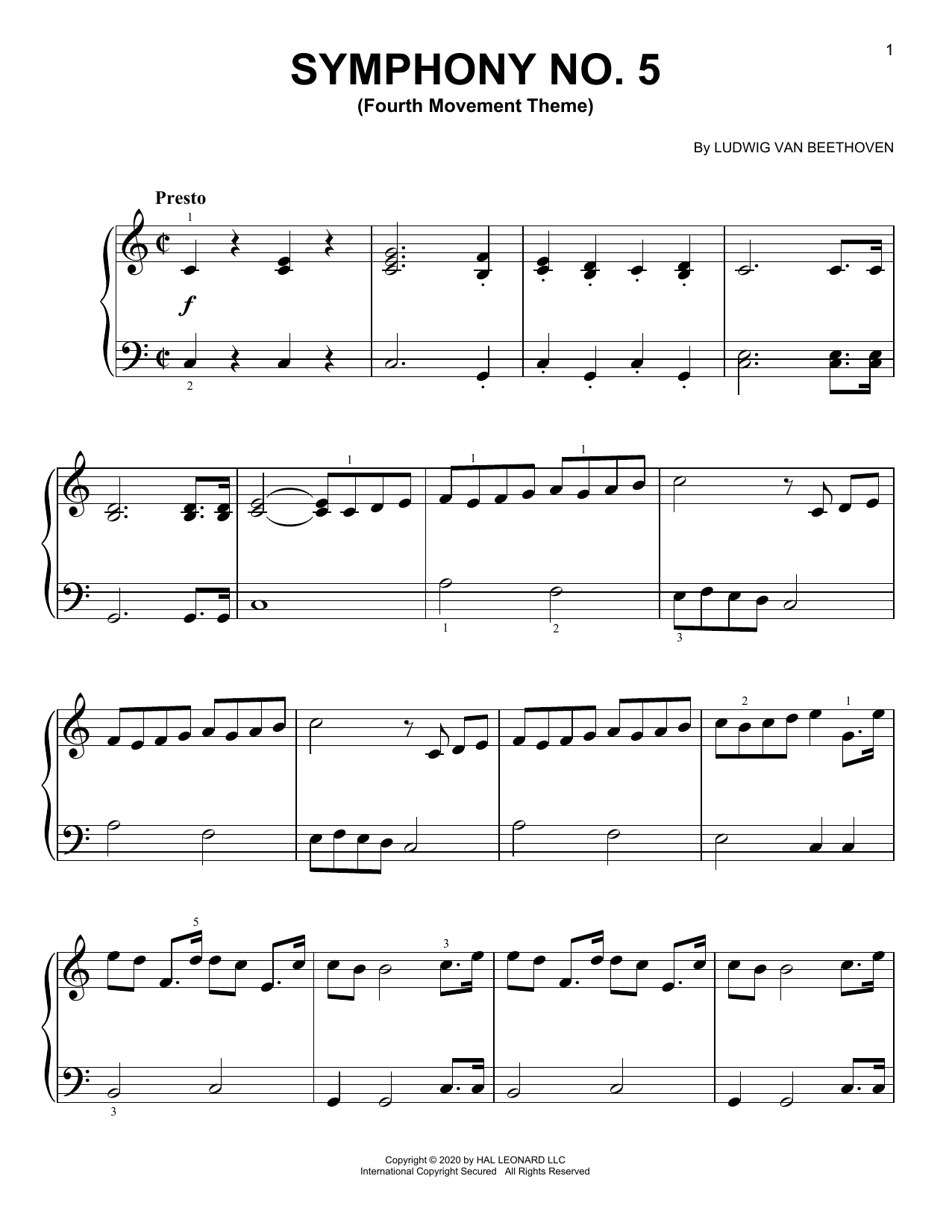 Ludwig van Beethoven Symphony No. 5, Fourth Movement Excerpt sheet music preview music notes and score for Easy Piano including 2 page(s)