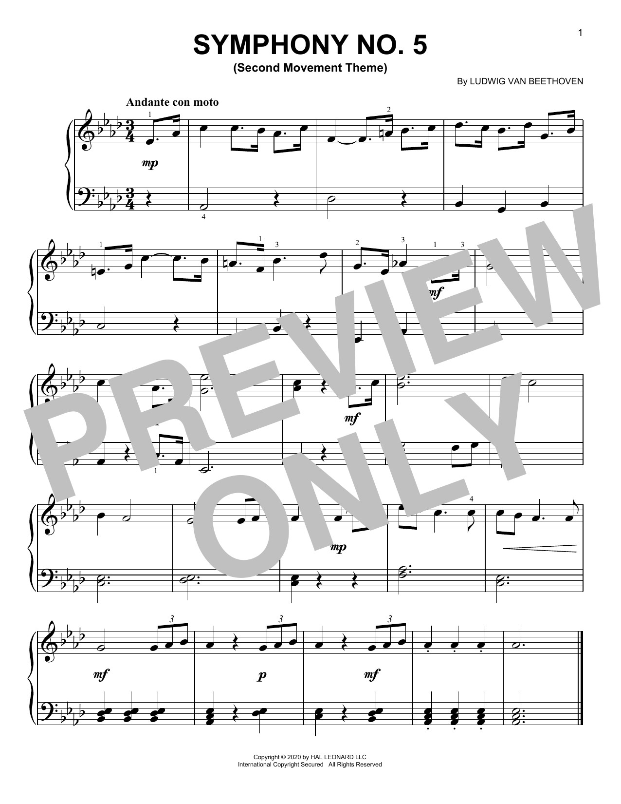 Ludwig van Beethoven Symphony No. 5, Second Movement Excerpt sheet music preview music notes and score for Easy Piano including 1 page(s)