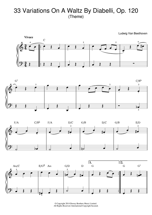 Ludwig van Beethoven Theme From 33 Variations On A Waltz By Diabelli, Op. 120 sheet music, chords, lyrics - Printable PDF for Beginner Piano