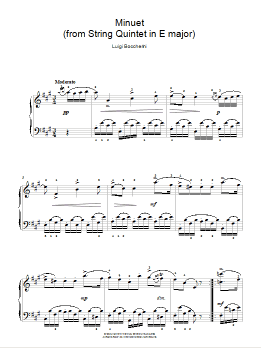 Luigi Boccherini Minuet (from String Quartet in E Major, Op.11 No.5) sheet music, chords, lyrics - Printable PDF for Easy Piano