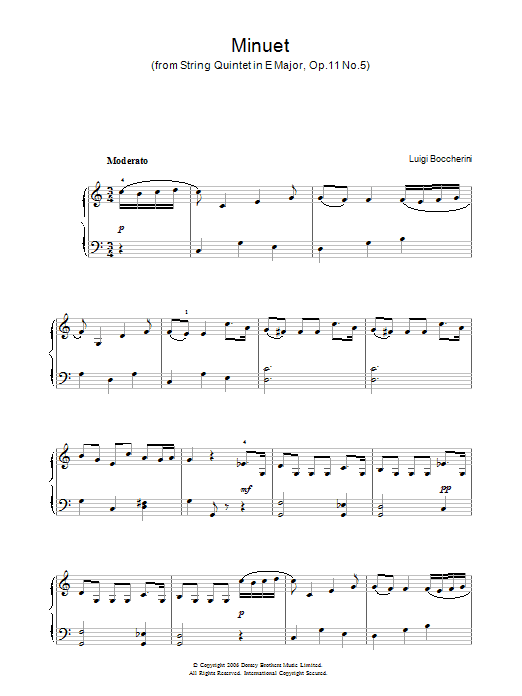 Luigi Boccherini Minuet (from String Quintet in E Major, Op.11 No.5) sheet music, chords, lyrics - Printable PDF for Beginner Piano