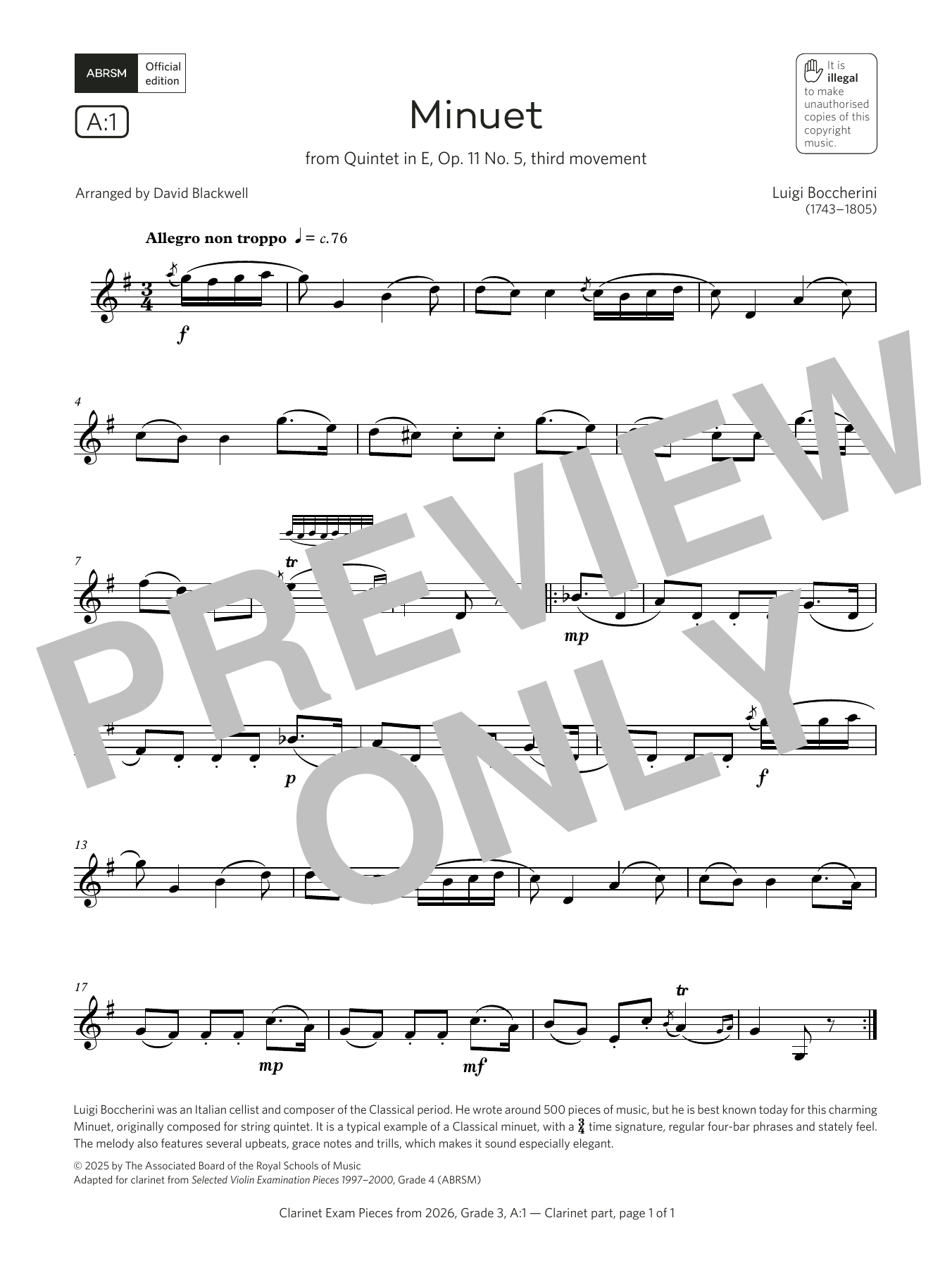 Luigi Boccherini Minuet (Grade 3, list A1, from the ABRSM Clarinet Syllabus from 2026) sheet music, chords, lyrics - Printable PDF for Clarinet Solo