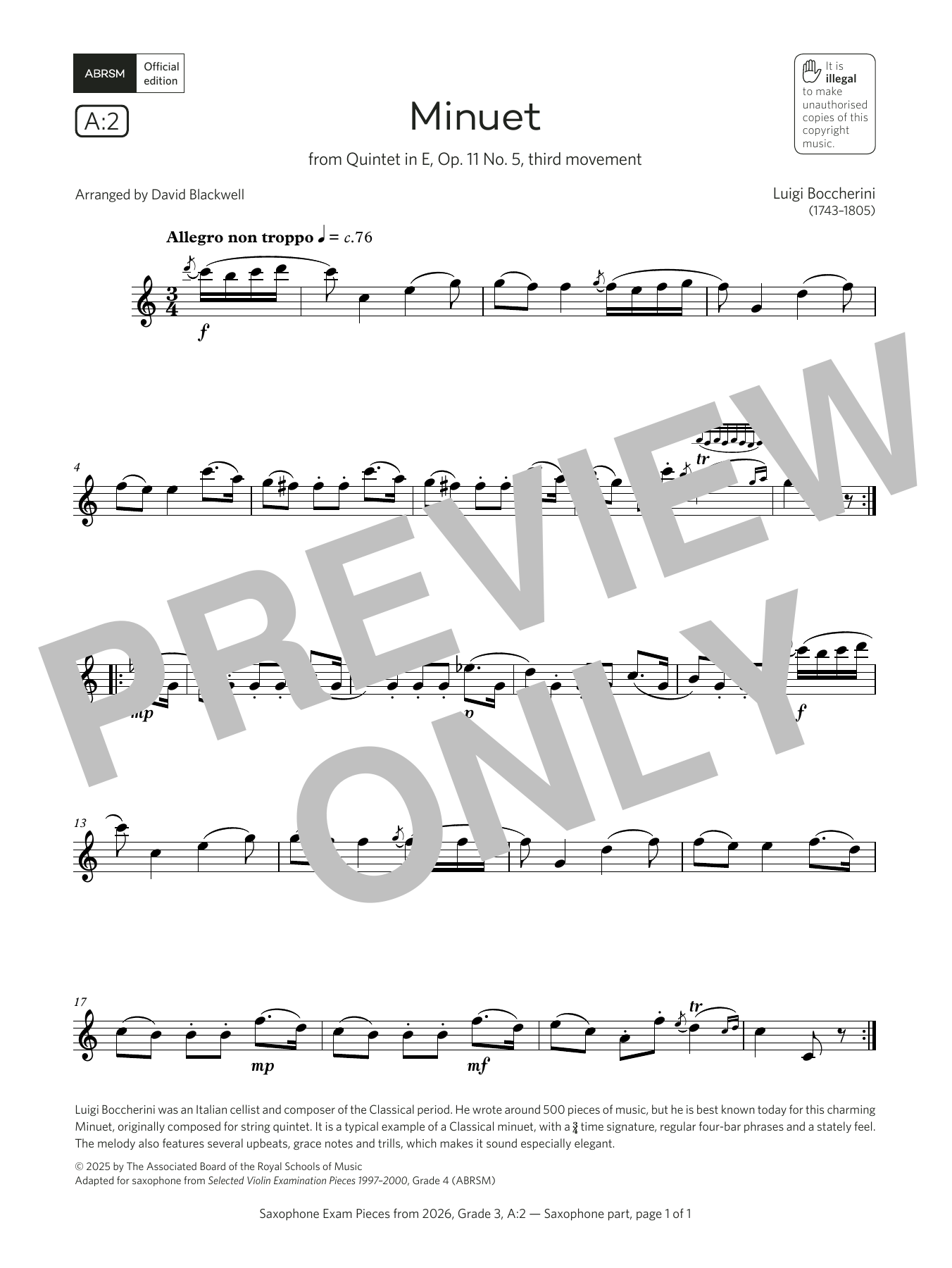 Luigi Boccherini Minuet (Grade 3, list A2, from the ABRSM Saxophone Syllabus from 2026) sheet music, chords, lyrics - Printable PDF for Alto Sax Solo