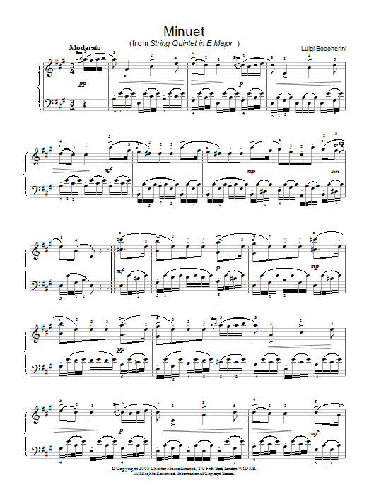 Learn to play Luigi Boccherini Minuet (from String Quintet in E Major, Op.11 No.5) sheet music for Piano in minutes. Luigi Boccherini Minuet (from String Quintet in E Major, Op.11 No.5) sheet music preview music notes and score for Piano including 2 page(s)