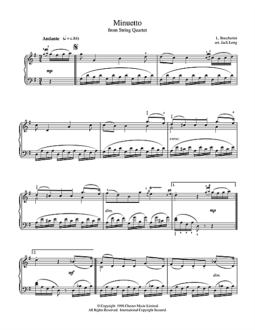 Learn to play Luigi Boccherini Minuet (from String Quintet in E Major, Op.11 No.5) sheet music for Piano in minutes. Luigi Boccherini Minuet (from String Quintet in E Major, Op.11 No.5) sheet music notes and chords