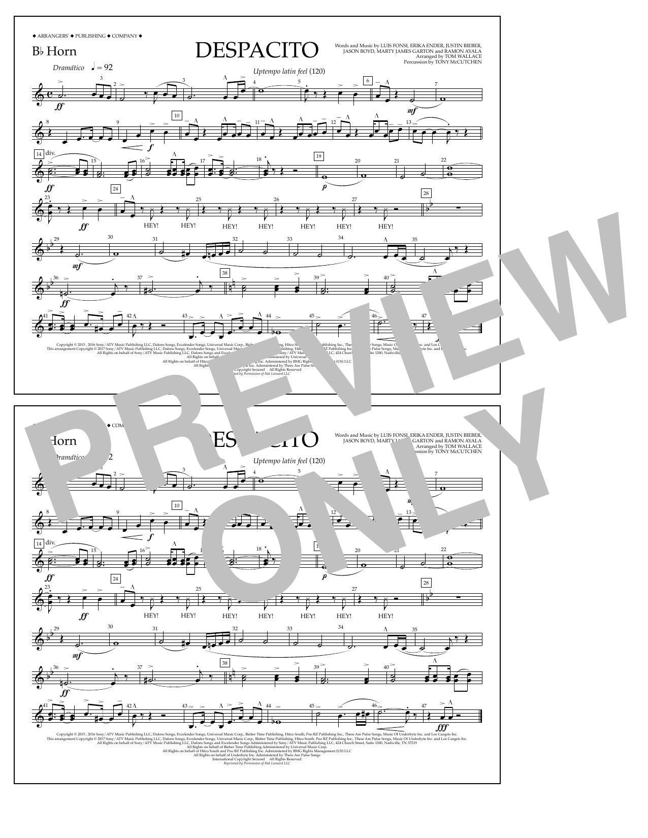 Tom Wallace Despacito - Bb Horn sheet music, chords, lyrics - Printable PDF for Marching Band