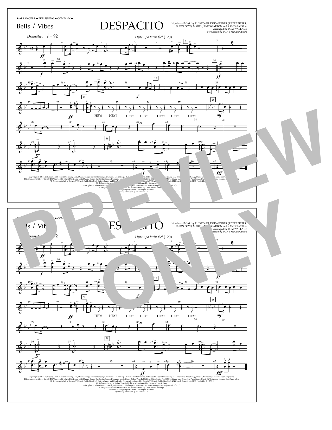 Tom Wallace Despacito - Bells/Vibes sheet music, chords, lyrics - Printable PDF for Marching Band