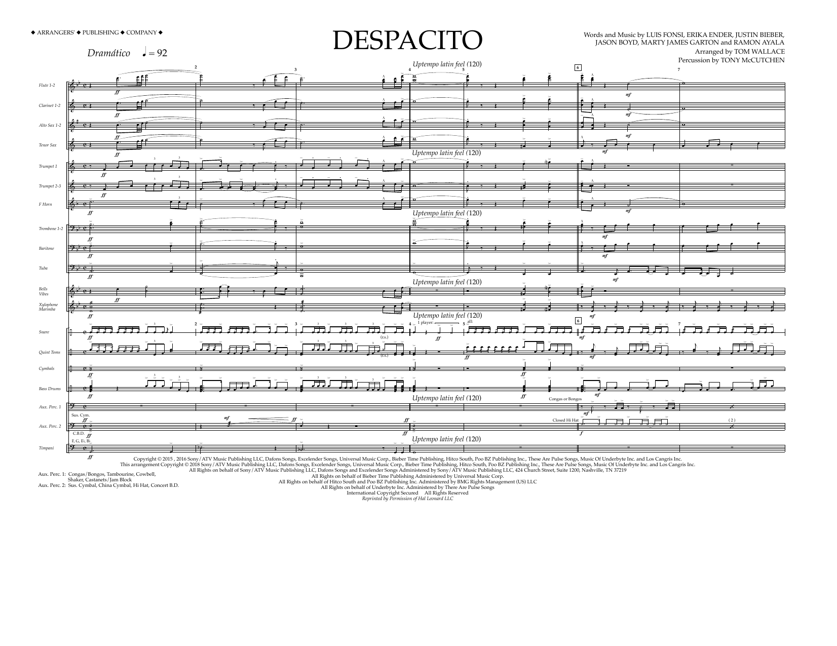 Tom Wallace Despacito - Full Score sheet music, chords, lyrics - Printable PDF for Marching Band