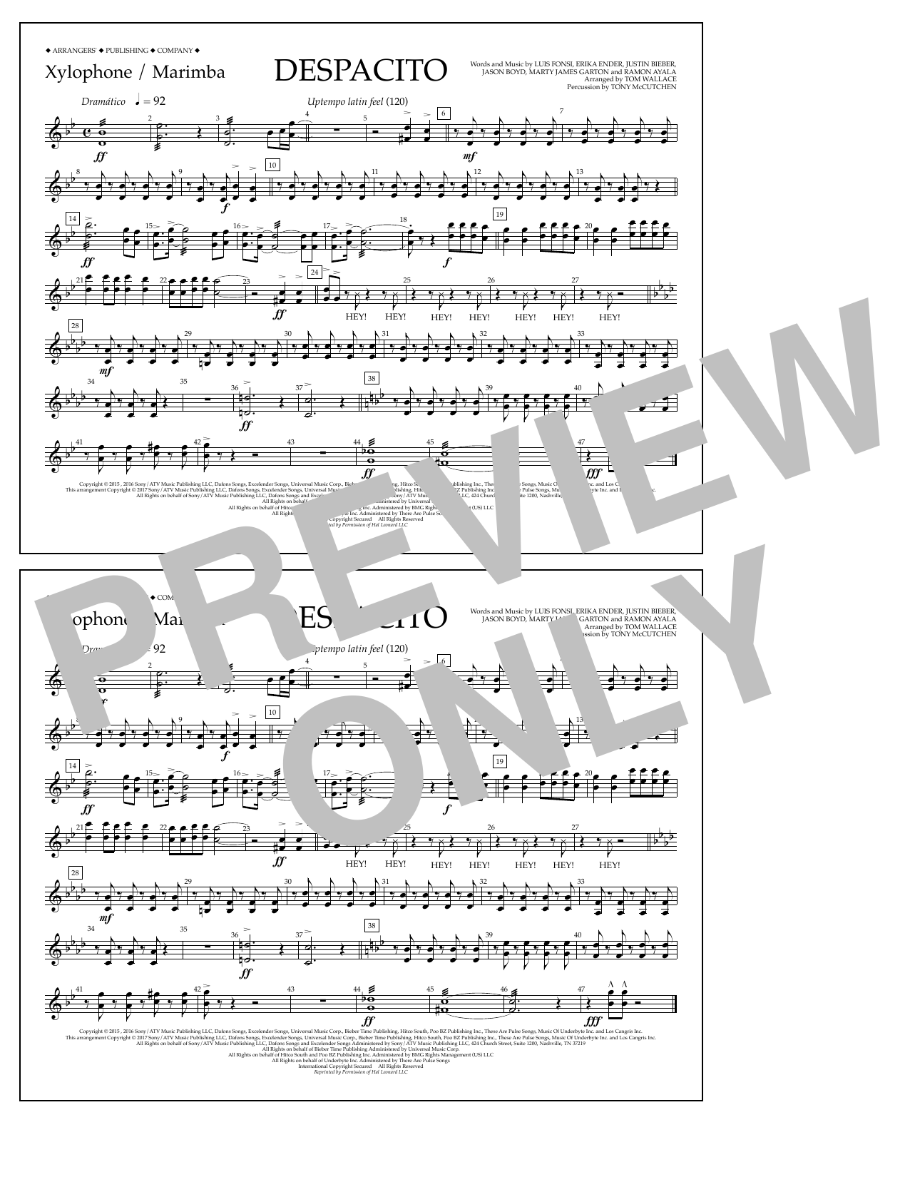 Tom Wallace Despacito - Xylophone/Marimba sheet music, chords, lyrics - Printable PDF for Marching Band