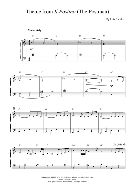 Learn to play Luis Bacalov Il Postino (from The Postman) sheet music for Piano in minutes. Luis Bacalov Il Postino (from The Postman) sheet music notes and chords