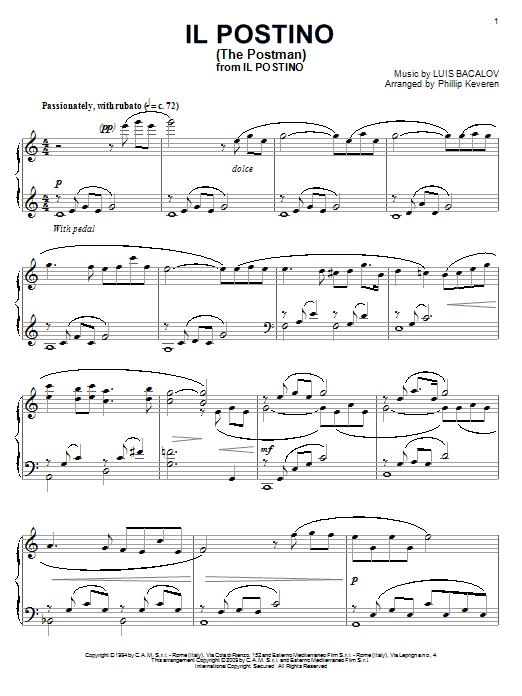 Learn to play Luis Bacalov Il Postino (The Postman) sheet music for Piano in minutes. Luis Bacalov Il Postino (The Postman) sheet music preview music notes and score for Piano including 3 page(s)