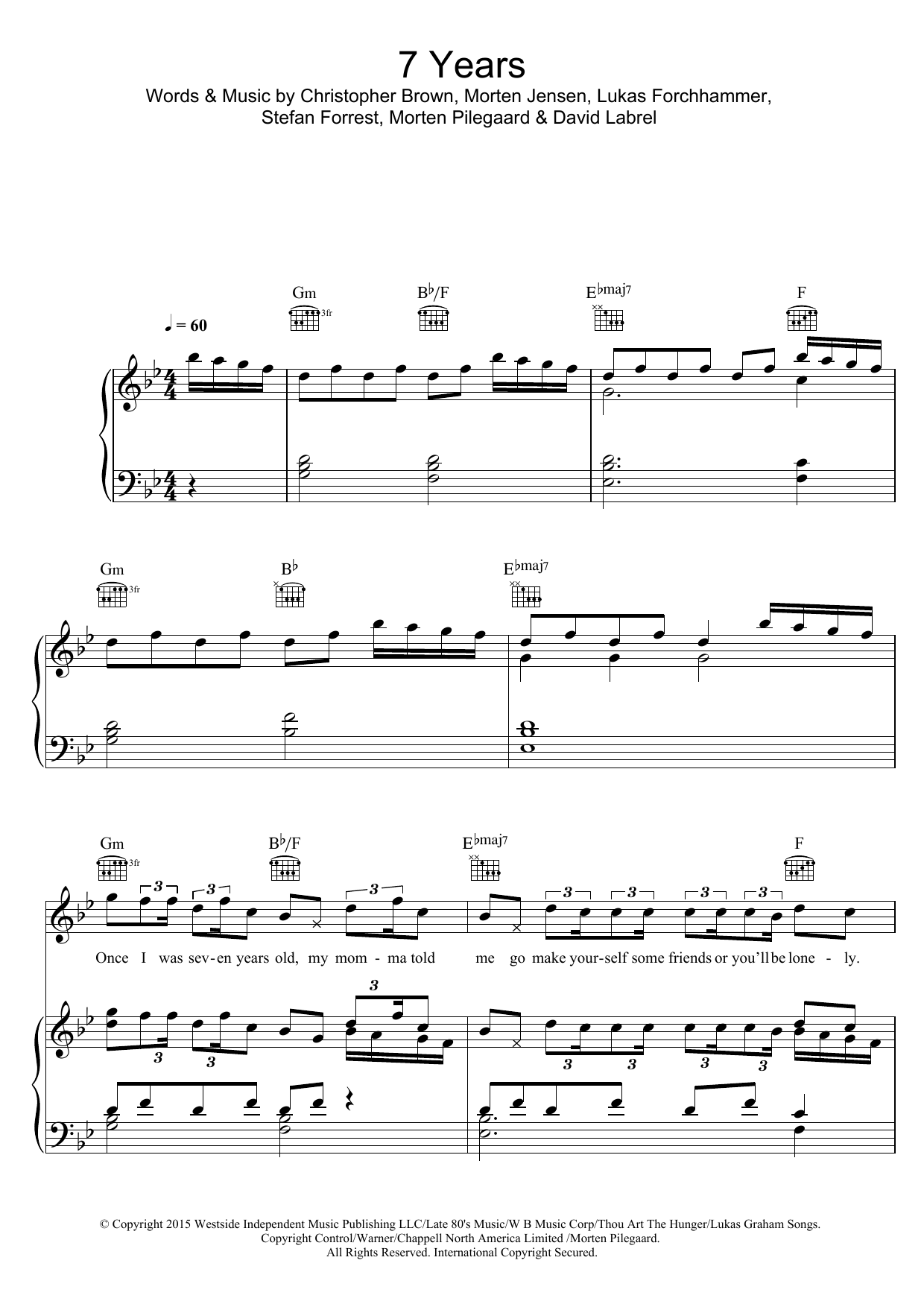 Download Lukas Graham 7 Years sheet music notes and chords for Piano, Vocal & Guitar (Right-Hand Melody) - Download Printable PDF and start playing in minutes.