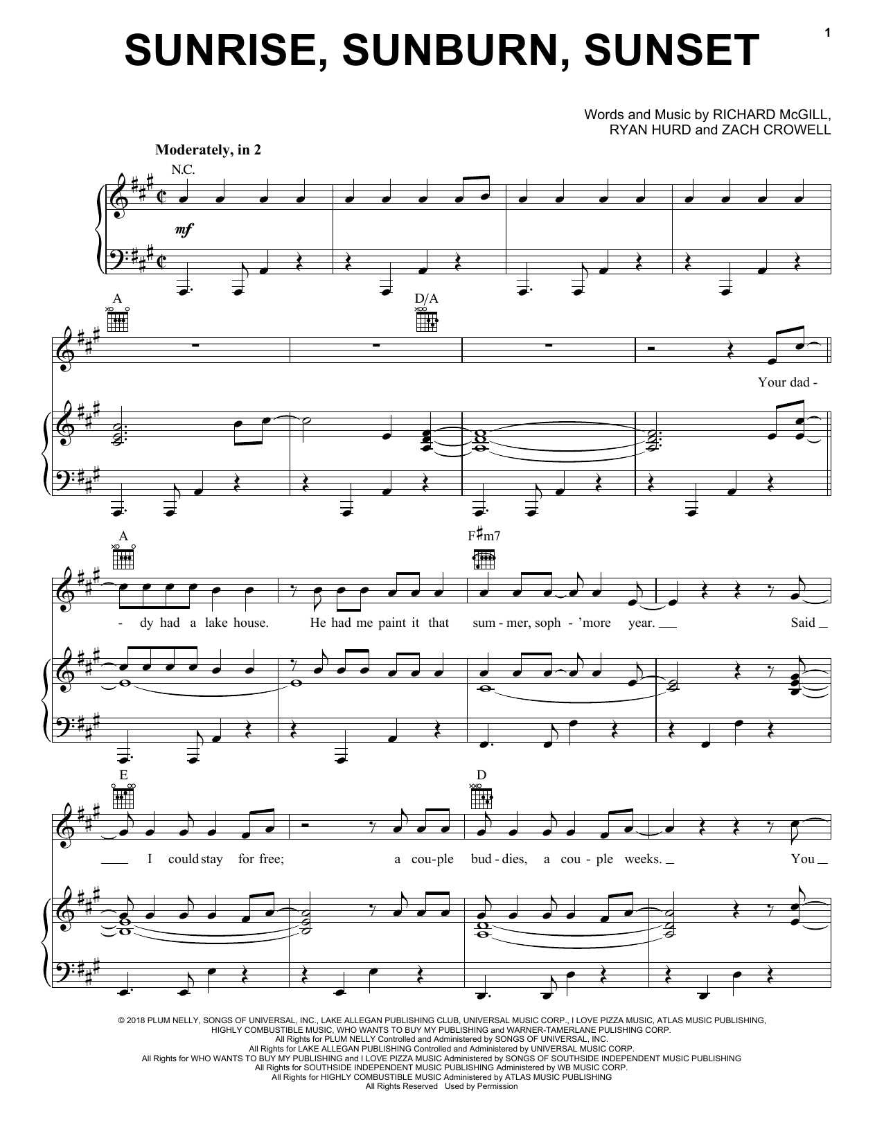 Luke Bryan Sunrise, Sunburn, Sunset sheet music, chords, lyrics - Printable PDF for Piano, Vocal & Guitar (Right-Hand Melody)