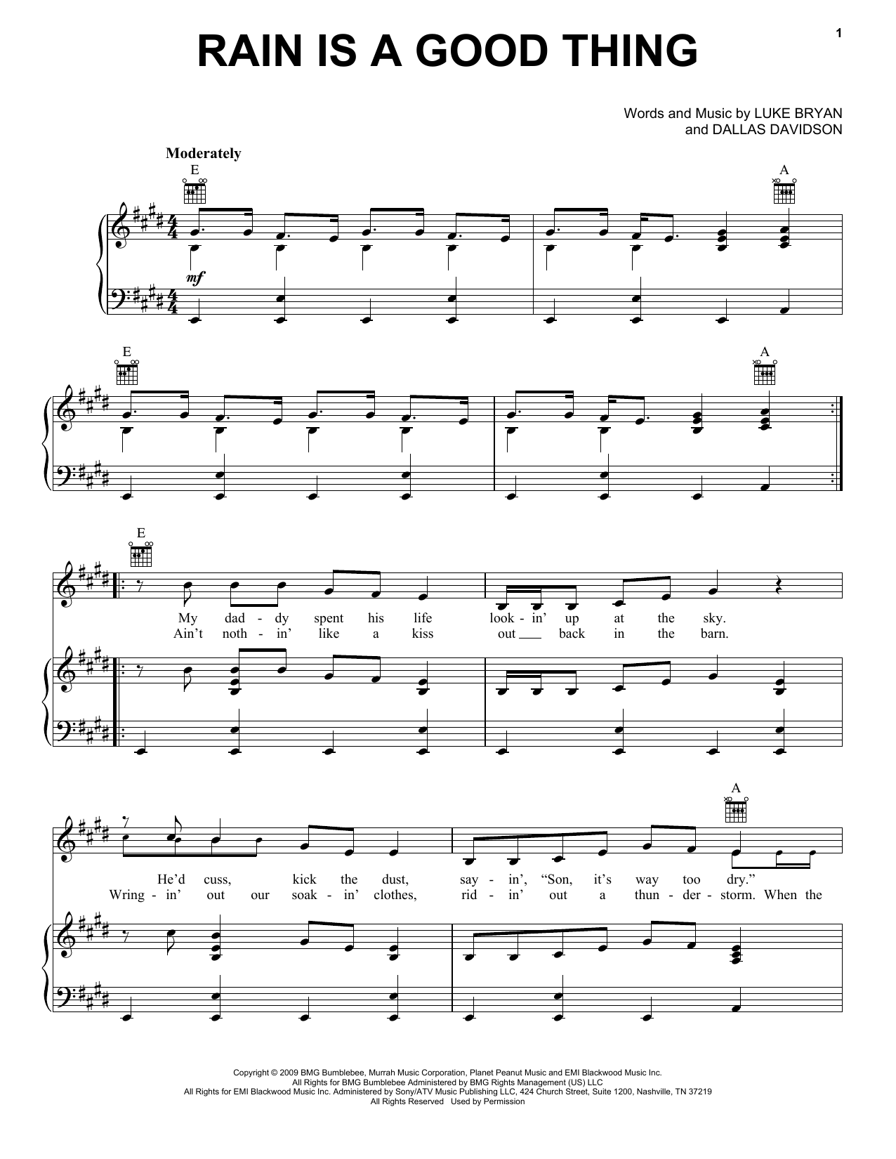 Learn to play Luke Bryan Rain Is A Good Thing sheet music for Piano, Vocal & Guitar (Right-Hand Melody) in minutes. Luke Bryan Rain Is A Good Thing sheet music preview music notes and score for Piano, Vocal & Guitar (Right-Hand Melody) including 5 page(s)