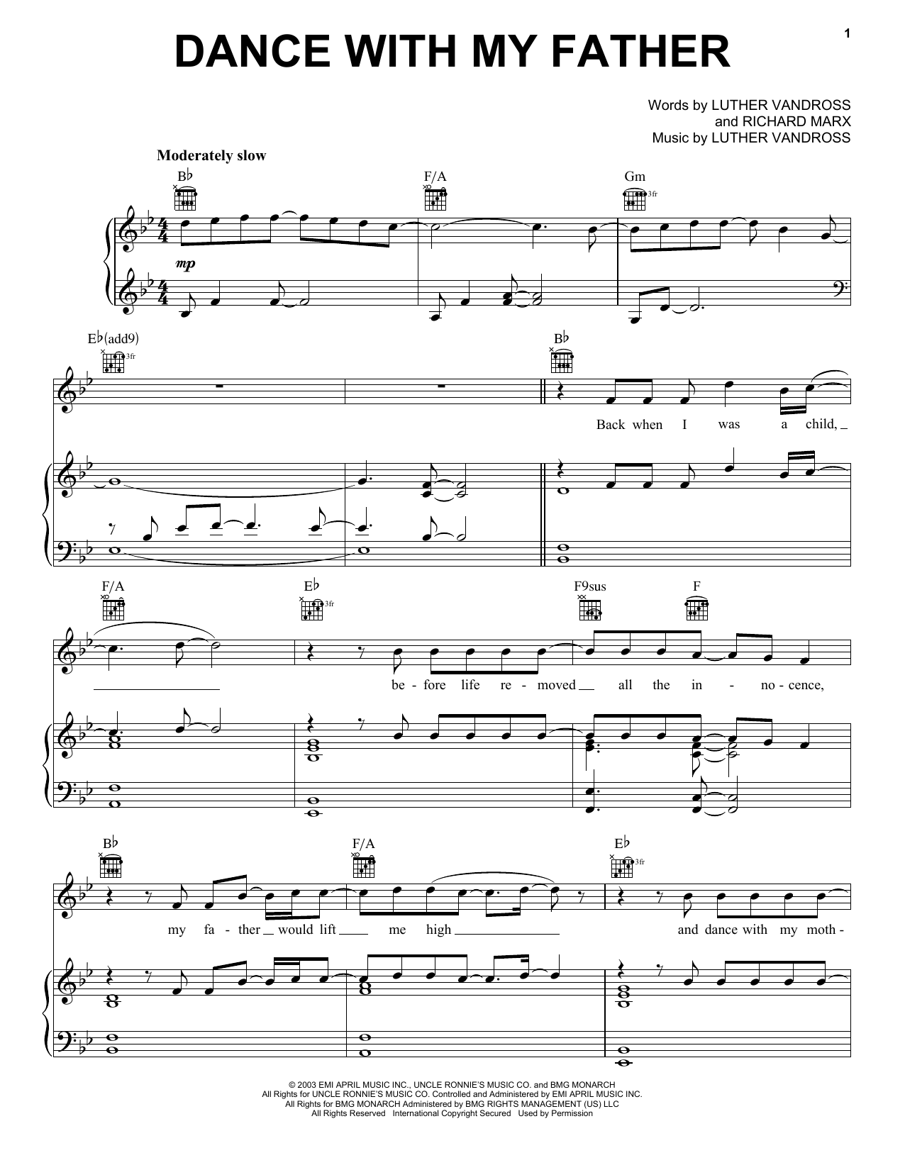 Learn to play Luther Vandross Dance With My Father sheet music for Piano, Vocal & Guitar (Right-Hand Melody) in minutes. Luther Vandross Dance With My Father sheet music notes and chords