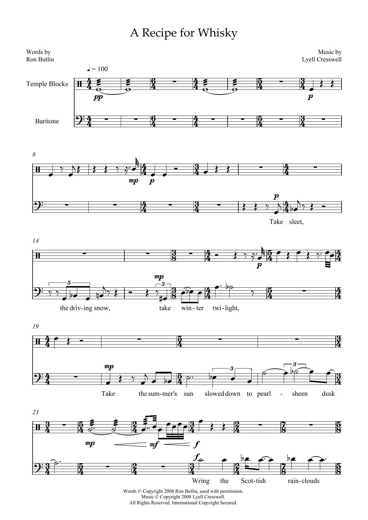 Lyell Cresswell A Recipe for Whisky (for baritone & temple blocks) sheet music preview music notes and score for Piano & Vocal including 3 page(s)