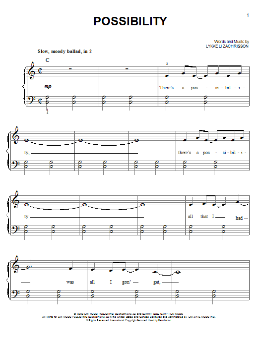 Learn to play Lykke Li Possibility sheet music for Easy Piano in minutes. Lykke Li Possibility sheet music preview music notes and score for Easy Piano including 7 page(s)