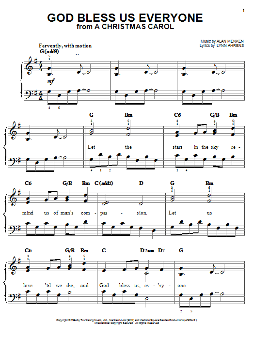 Learn to play Lynn Ahrens God Bless Us Everyone (from A Christmas Carol) sheet music for Easy Piano in minutes. Lynn Ahrens God Bless Us Everyone (from A Christmas Carol) sheet music preview music notes and score for Easy Piano including 4 page(s)