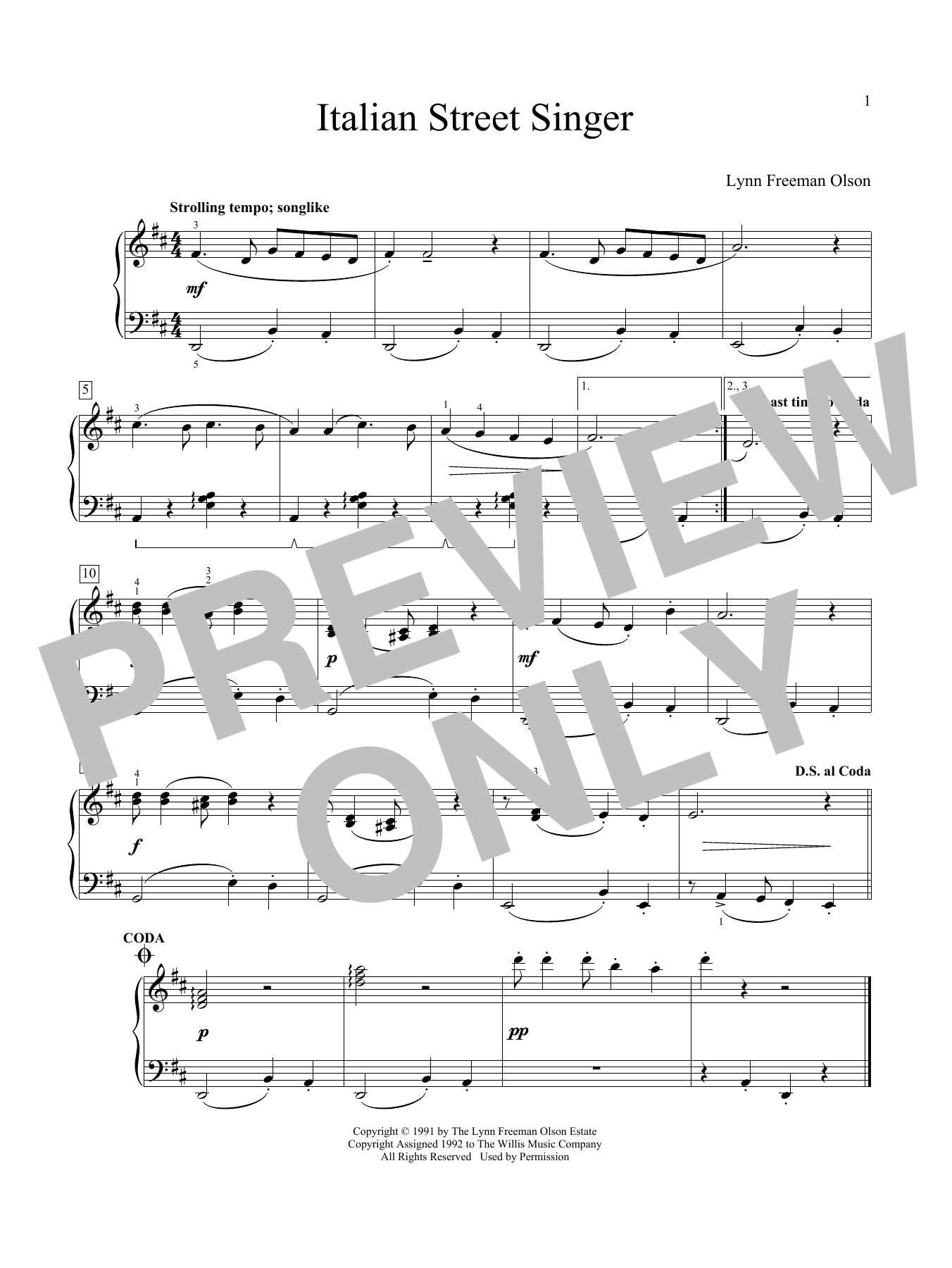 Lynn Freeman Olson Italian Street Singer sheet music preview music notes and score for Educational Piano including 1 page(s)