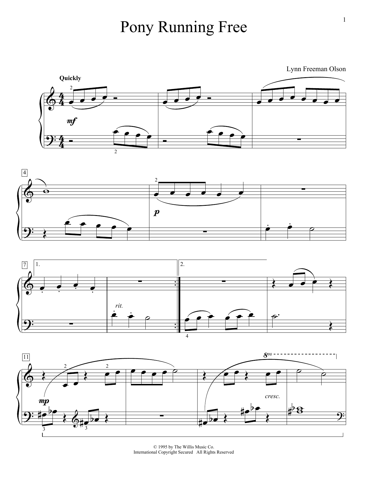 Lynn Freeman Olson Pony Running Free sheet music preview music notes and score for Educational Piano including 2 page(s)