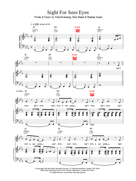 Download M People Sight For Sore Eyes sheet music notes and chords for Piano, Vocal & Guitar - Download Printable PDF and start playing in minutes.