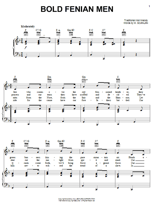 Learn to play M. Scanlan Bold Fenian Men sheet music for Piano, Vocal & Guitar (Right-Hand Melody) in minutes. M. Scanlan Bold Fenian Men sheet music preview music notes and score for Piano, Vocal & Guitar (Right-Hand Melody) including 3 page(s)