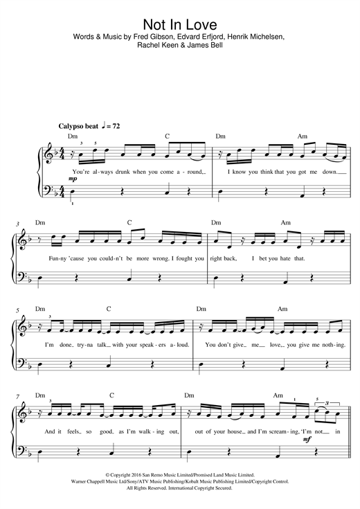 M.O Not In Love (feat. Kent Jones) sheet music, chords, lyrics - Printable PDF for Beginner Piano