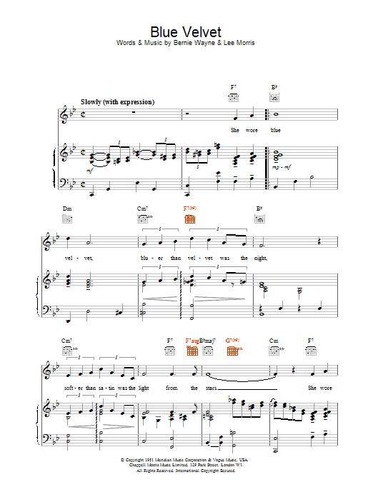 M People Blue Velvet sheet music preview music notes and score for Piano, Vocal & Guitar (Right-Hand Melody) including 3 page(s)