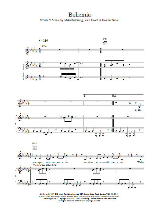 M People Bohemia sheet music preview music notes and score for Piano, Vocal & Guitar including 4 page(s)