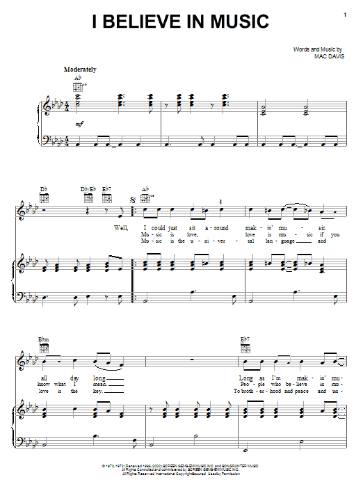 Learn to play Mac Davis I Believe In Music sheet music for Piano, Vocal & Guitar (Right-Hand Melody) in minutes. Mac Davis I Believe In Music sheet music notes and chords