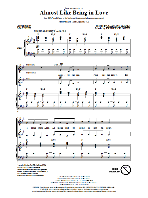 Learn to play Lerner & Loewe Almost Like Being In Love (arr. Mac Huff) sheet music for SATB in minutes. Lerner & Loewe Almost Like Being In Love (arr. Mac Huff) sheet music preview music notes and score for SATB including 9 page(s)