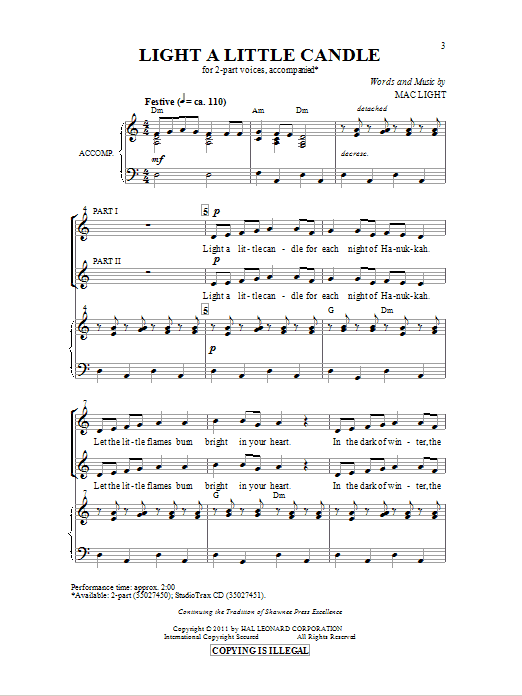 Learn to play Mac Light Light A Little Candle sheet music for 2-Part Choir in minutes. Mac Light Light A Little Candle sheet music preview music notes and score for 2-Part Choir including 6 page(s)