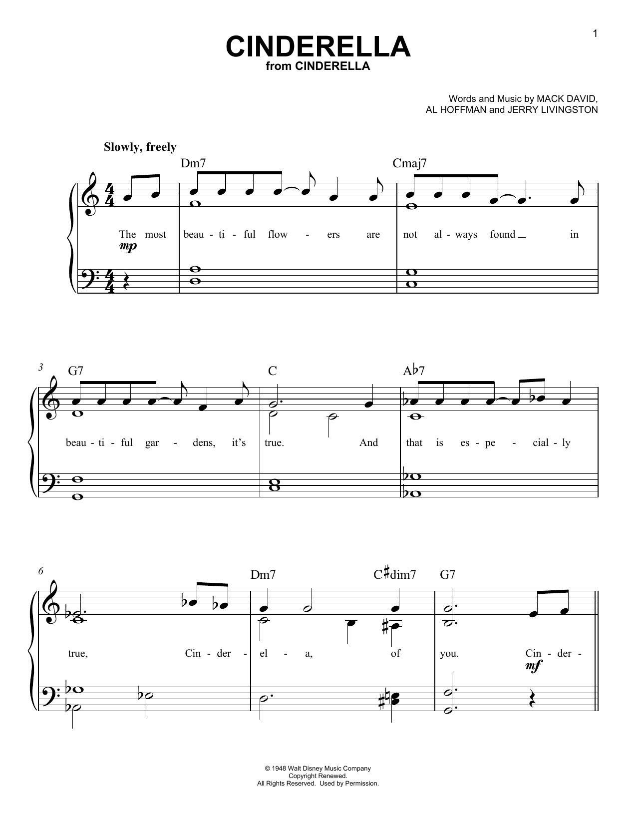 Mack David, Al Hoffman, & Jerry Livingston Cinderella sheet music, chords, lyrics - Printable PDF for Easy Piano