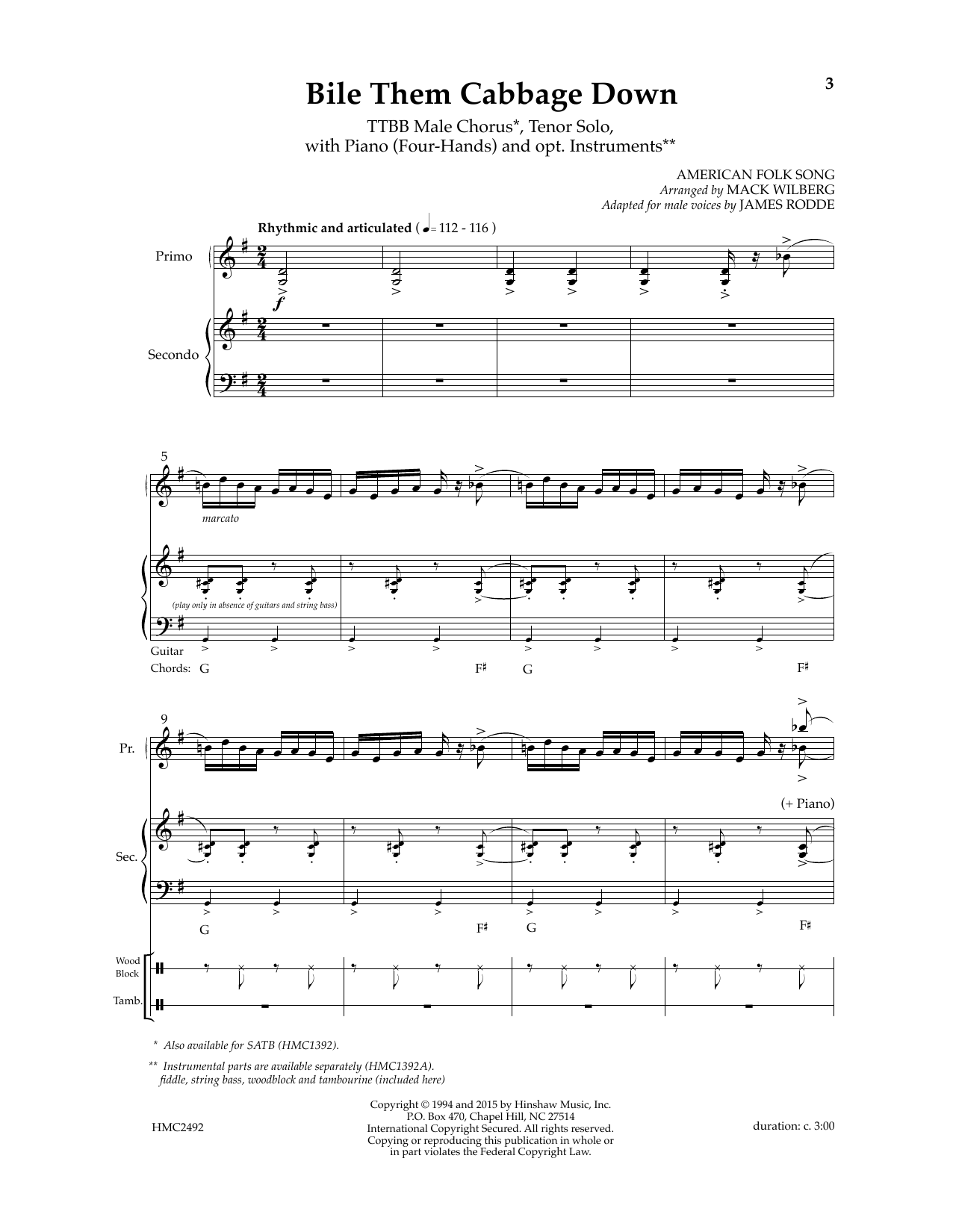 Learn to play Mack Wilberg Bile Them Cabbage Down (adapt. James Rodde) sheet music for TTBB Choir in minutes. Mack Wilberg Bile Them Cabbage Down (adapt. James Rodde) sheet music preview music notes and score for TTBB Choir including 23 page(s)