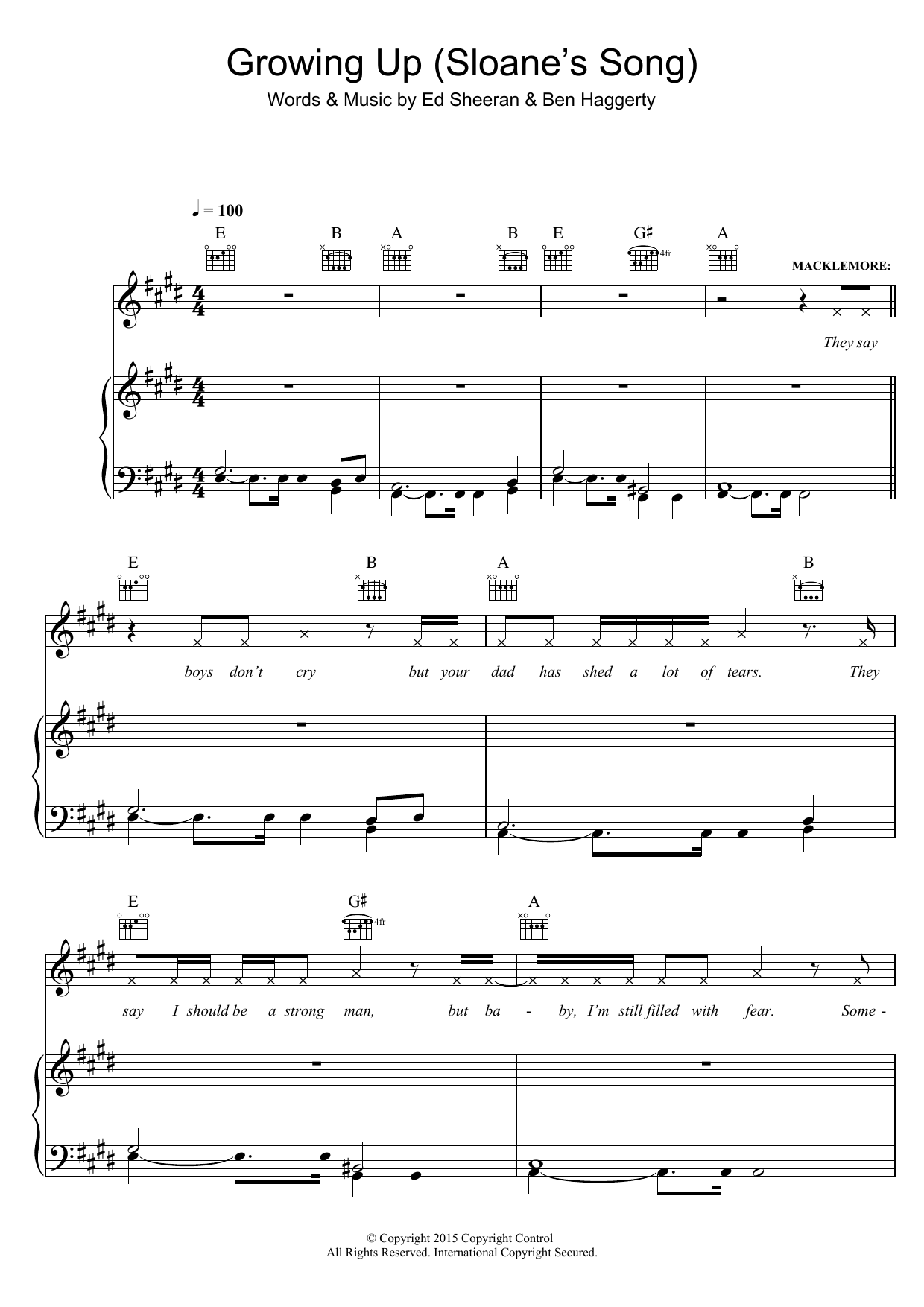 Macklemore & Ryan Lewis Growing Up (feat. Ed Sheeran) sheet music, chords, lyrics - Printable PDF for Piano, Vocal & Guitar (Right-Hand Melody)