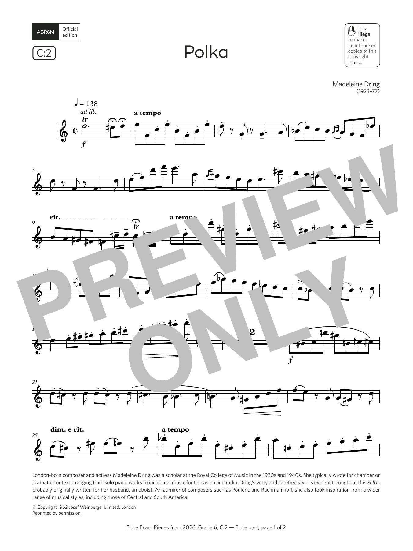 Madeleine Dring Polka (Grade 6, list C2, from the ABRSM Flute Syllabus from 2026) sheet music, chords, lyrics - Printable PDF for Flute Solo