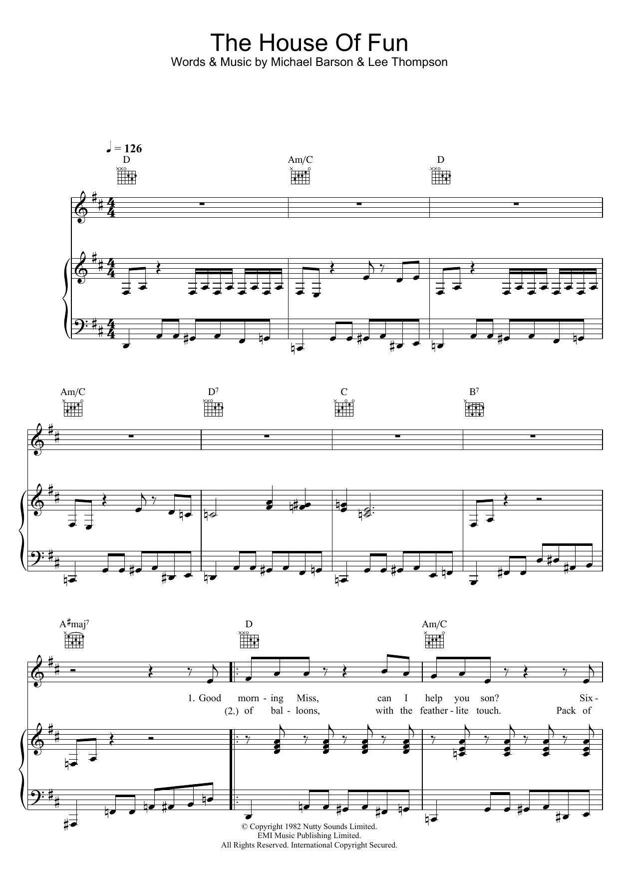 Madness The House Of Fun sheet music preview music notes and score for Melody Line, Lyrics & Chords including 3 page(s)