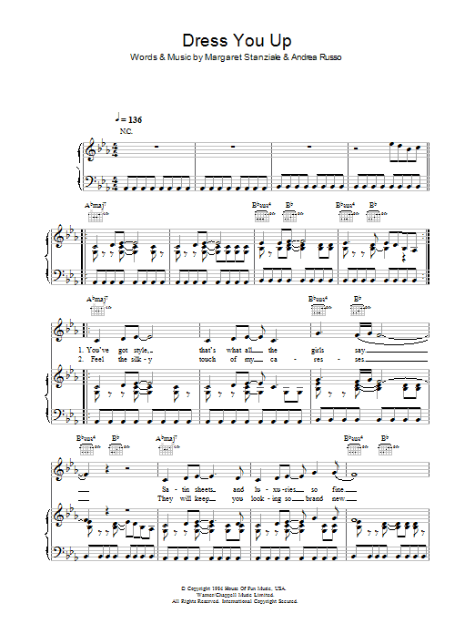 Madonna Dress You Up sheet music preview music notes and score for Piano, Vocal & Guitar (Right-Hand Melody) including 8 page(s)