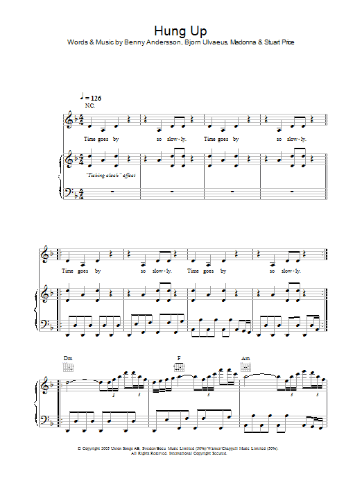 Madonna Hung Up sheet music preview music notes and score for Piano, Vocal & Guitar (Right-Hand Melody) including 7 page(s)